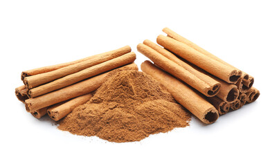 Cinnamon sticks and powder on white background