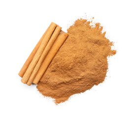 Cinnamon sticks and powder on white background