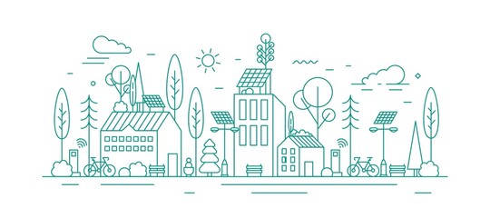 Monochrome vector line art illustration of eco city using alternative energy. Modern environmentally friendly town landscape with ecological infrastructure and solar panels. - obrazy, fototapety, plakaty