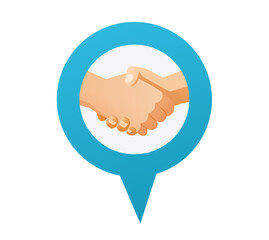 Partners hands shake marker icon, partnership success deal handshake map pin pointer vector flat cartoon logo idea, concept of meeting place office location point sign