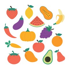 Tropical fruit icon vector illustration. Organic fruits or vegetarian food as tomato, mangoes, chilies, avocado, papaya slices, apples, bananas, carrots, strawberries, eggplant, orange, ect.