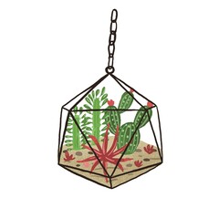 Stylish hanging glass geometric florarium isolated on white background. Plant terrarium with cactuses and succulents in modern scandi style. Flat vector cartoon illustration of home mini garden