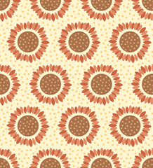 Fototapeta na wymiar Japanese Brown Sunflower Vector Seamless Pattern