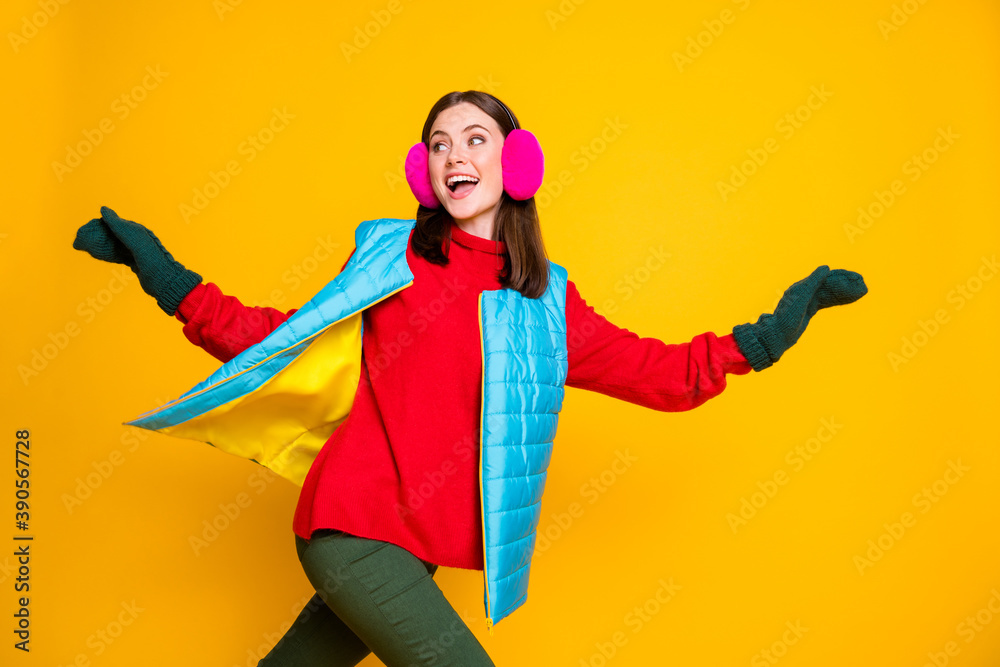 Canvas Prints Profile side photo of positive cheerful girl have autumn weekend holiday run her boyfriend chase wear sweater pants isolated over bright shine color background