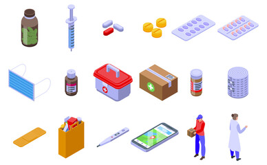 Drug delivery icons set. Isometric set of drug delivery vector icons for web design isolated on white background
