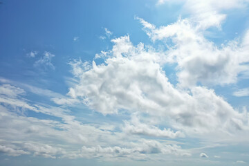 white clouds on blue sky background, abstract seasonal wallpaper, sunny day atmosphere