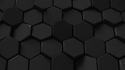 Abstract black hexagon background; dark honeycomb pattern; close up of hex geometric structure; perspective view; 3d rendering, 3d illustration	
