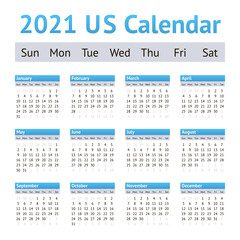 2021 US American English Calendar. Weeks start on Sunday