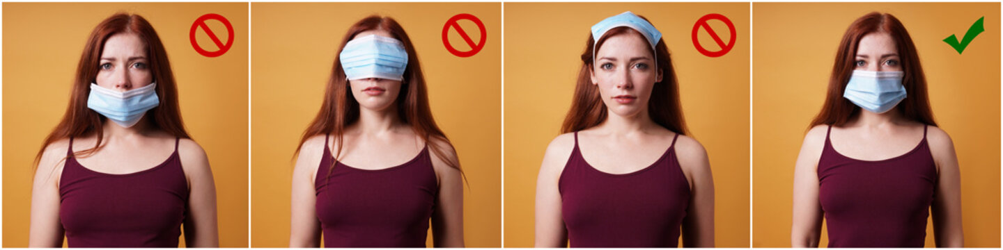 humorous instruction collage on how to wear a protective face mask - young woman showing right and wrong way - corona coronavirus covid concept