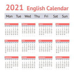 2021 European English Calendar. Weeks start on Monday