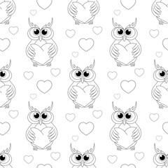 Owl with a heart seamless pattern romantic background vector illustration