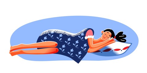 Young woman sleeping on pillow at home. Happy girl lying under blanket in pajamas asleep at night. Bedtime at house vector illustration. Resting and smiling in sleep
