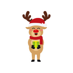 Reindeer set Happy smile in Christmas celebration, standing holding gifts, standing waving, giving out gifts. Pins into the chimney.vector illustration and icon