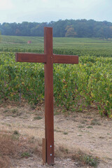 croix de bois au pied des vignes champenoises