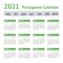 2021 Portuguese European Calendar. Weeks start on Monday