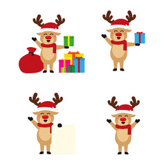 Reindeer set Happy smile in Christmas celebration, standing holding gifts, standing waving, giving out gifts. Pins into the chimney.vector illustration and icon