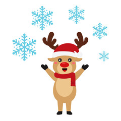 Reindeer set Happy smile in Christmas celebration, standing holding gifts, standing waving, giving out gifts. Pins into the chimney.vector illustration and icon