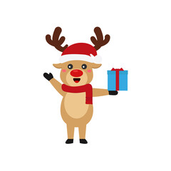 Reindeer set Happy smile in Christmas celebration, standing holding gifts, standing waving, giving out gifts. Pins into the chimney.vector illustration and icon