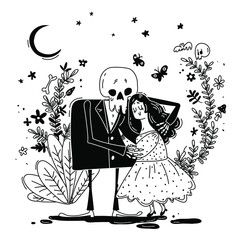 Young cute girl and skeleton tender hugging. Bride and groom with skull lovely sweet characters. Death and woman gothic concept. Doodle simple drawing, black and white line art  illustration.