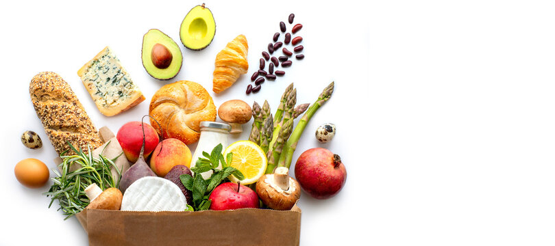 Proper nutrition. Healthy eating. Healthy food paper bag. healthy food background. supermarket food concept. shopping in the supermarket. home delivery. Food delivery. Supermarket. Grocery shopping

