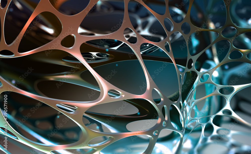 Poster Cyber technologies of future. Neural network of a synthetic organism. Abstract, hi-tech 3D illustration. Neural connections in artificial mind