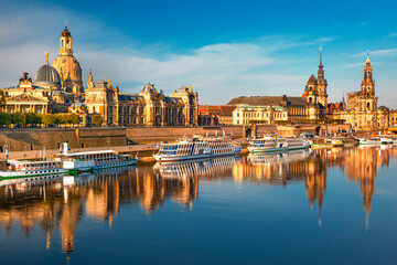 Obraz na płótnie Canvas Amazing Dresden city skyline at Elbe river and Augustus bridge at sunrise, Dresden, Saxony, Germany