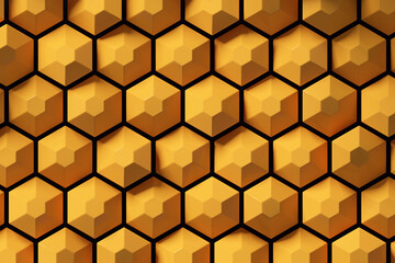 Abstract yellow hexagon background; colorful honeycomb pattern; close up of golden hex geometric structure; top view; 3d rendering, 3d illustration	