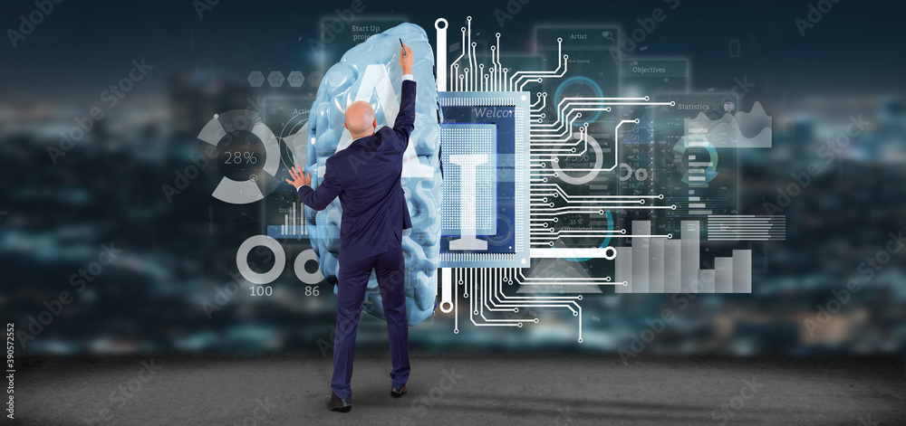 Poster businessman in front of a wall with artificial intelligence icon with half brain and half circuit 3d