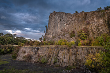 Dusk above the basalt columns of the Hegyestű artificial geological formation in the Balaton Uplands in an autumn evening