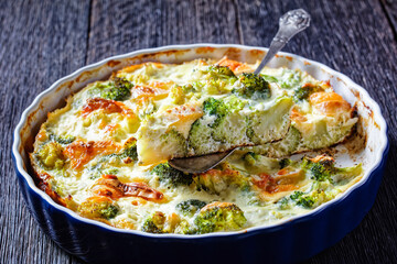 broccoli florets baked with brie cheese, top view