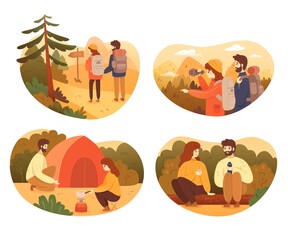 People traveling in forest illustration set. Couple trekking in mountains and camping with backpacks. Tourist outdoor scene vector. Sitting together drinking, walking, preparing food