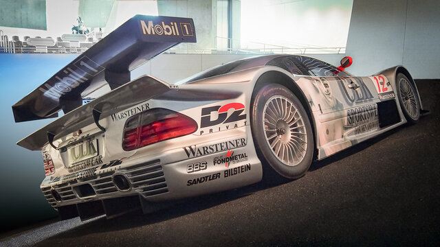 STUTTGART, GERMANY-APRIL 7, 2017: 1997 Mercedes-Benz CLK-GTR GT-Racing Sports Car in the Mercedes-Benz Museum. This car was driven by Bernd Schneider.
