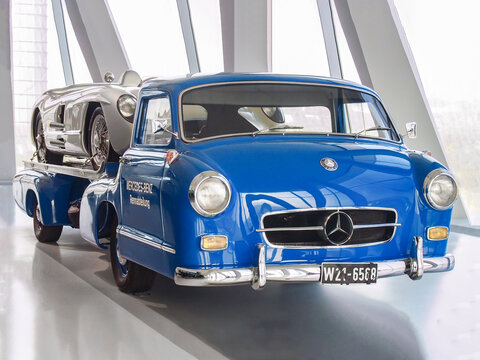 STUTTGART, GERMANY-APRIL 7, 2017: 1955 “Blue Wonder” Mercedes-Benz high-speed racing car transporter with the 1955 Mercedes-Benz 300 SLR racing sports car (W196 S) on it in the Mercedes Museum.