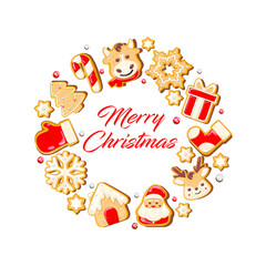 Fototapeta premium Christmas gingerbread cookies in a round shape, for use as a poster or background. Decorated with snow, snowflakes and beads. Vector illustration