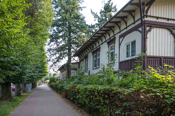 Fototapeta na wymiar View of a quiet pedestrian street without people with a historic house, trees and bushes