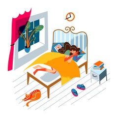 Girl sleeping in bed at night. Young woman lying under blanket in evening, cat nearby. Schedule vector illustration. Everyday routine at home. Bedroom modern interior design