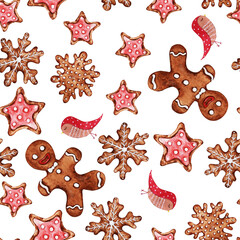 Fototapeta na wymiar Christmas watercolor seamless pattern with gingerbread man, bird, star, snowflakes. Hand drawnillustration with holiday cookies
