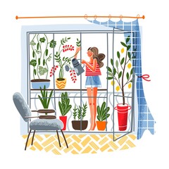 Woman watering plants on balcony at home. Girl with flowers, vegetables, tomatoes at house garden. Homemade summer produce vector illustration. Relaxing and calming leisure activity