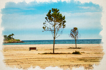 Watercolor drawing of Sandy beach with trees and bench on the shore of Saronic Gulf in Athens, Greece