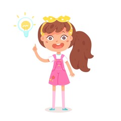 Girl has idea, brainstorming, light bulb sign over head. Child wears dress and bow in hair, isolated on white background. Vector character illustration of children gestures, emotions, types of moods.