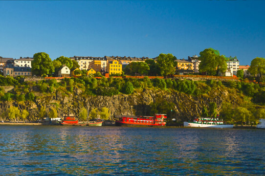 Watercolor drawing of Multicolor colorful fishing boats and ships on Lake Malaren water and traditional buildings, Monteliusvagen view platform on Sodermalm island, clear blue sky, Stockholm, Sweden