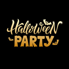 Vector illustration of Halloween party lettering for poster, signage, flyer, postcard, invitation, holiday accessories, web design, print. Handwritten text with texture, a drawn pumpkin, and a bat
