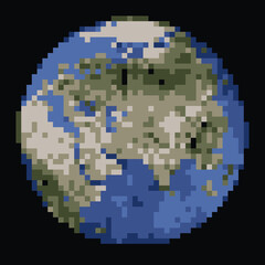 Living planet pixel art. Earth-like planets. 3d rendering.