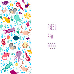 Vector illustration of seafood background for a restaurant or café banner, poster, logo, advertisement design. Pattern for template, billboard, printing, booklet, package, menu design