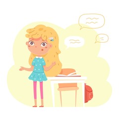 Happy kid in school answering questions in class. School education vector illustration. Little girl explaining homework or giving answer standing. Classroom interior design background