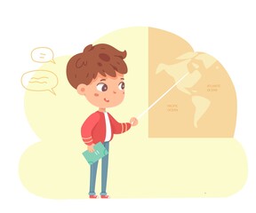 Happy kid in school pointing at map in geography class. School education vector illustration. Boy explaining homework or answering questions. Classroom interior design background