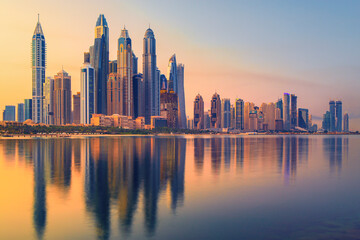 Fototapeta na wymiar Amazing Dubai Marina skyline at sunset, United Arab Emirates