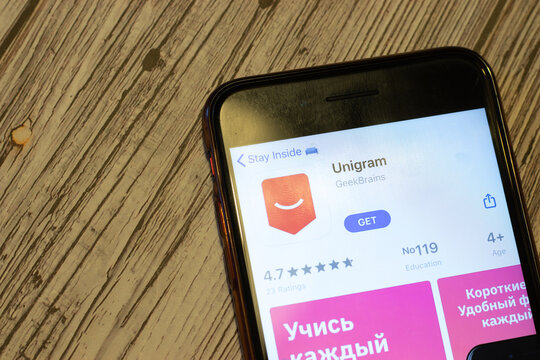 Los Angeles, California, USA - 24 March 2020: Top view of phone screen with Unigram logo icon on app store, Illustrative Editorial