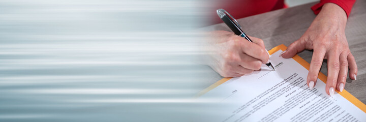 Businesswoman signing a document; panoramic banner