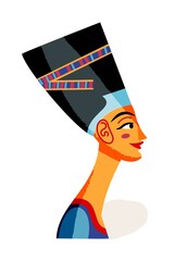 Ancient Egypt Nefertiti bust statue. Egyptian art history symbol and queen vector illustration. Statue of woman, side view portrait scene. Mythology elements and patterns